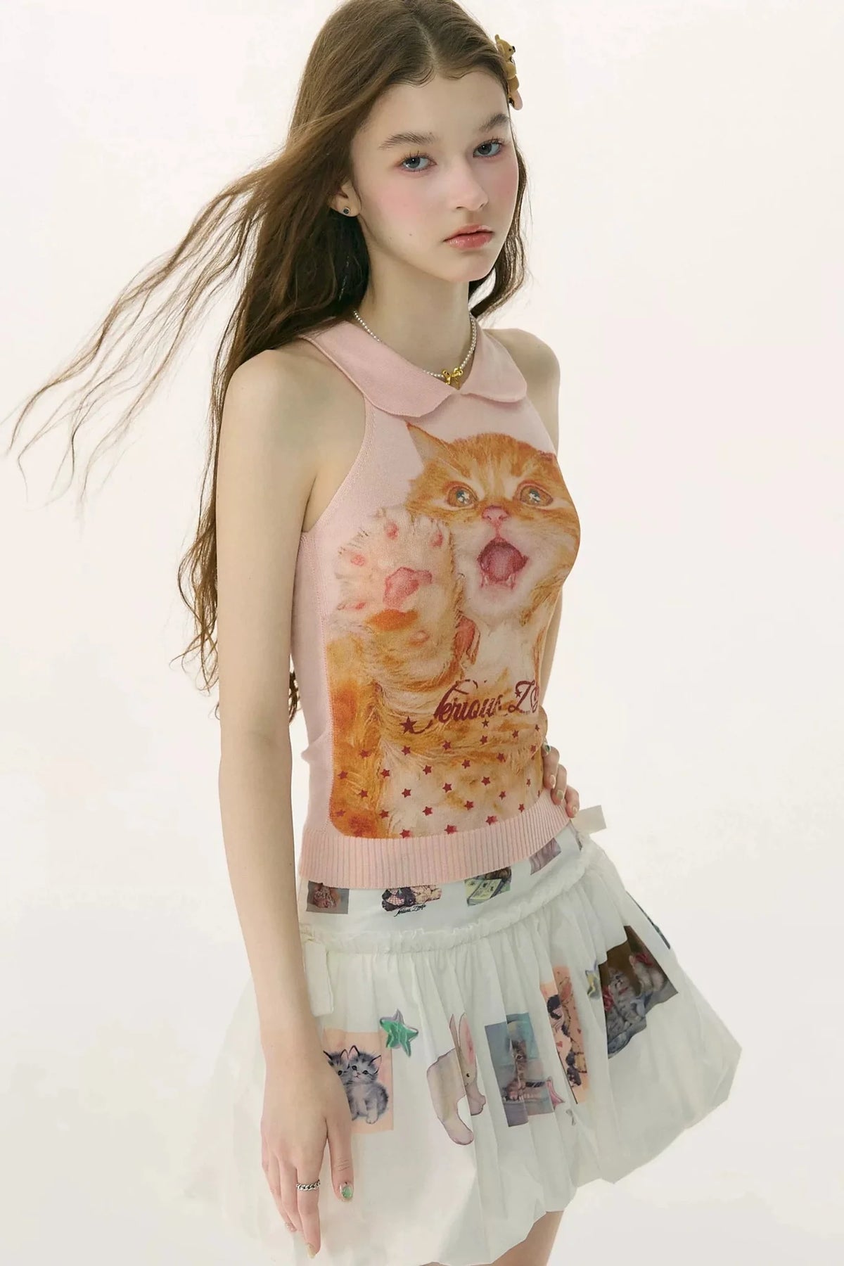 Retro Cat Print Knitted Vest