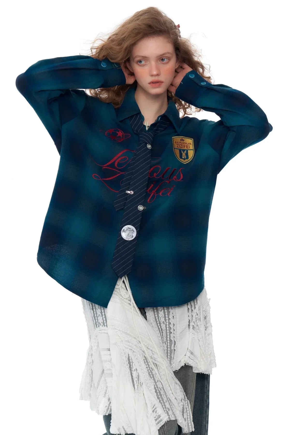 Retro Check Embroidery Long Sleeve Shirt