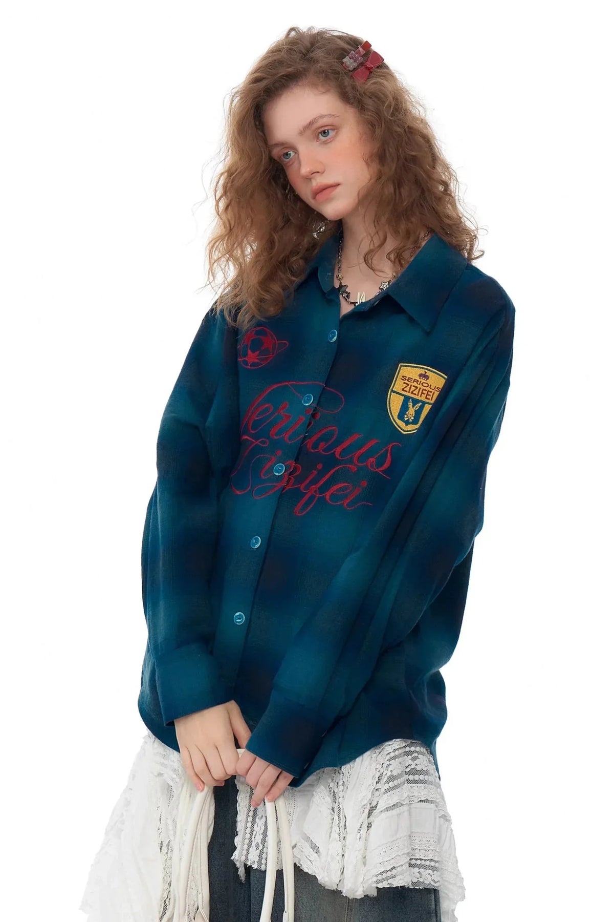 Retro Check Embroidery Long Sleeve Shirt