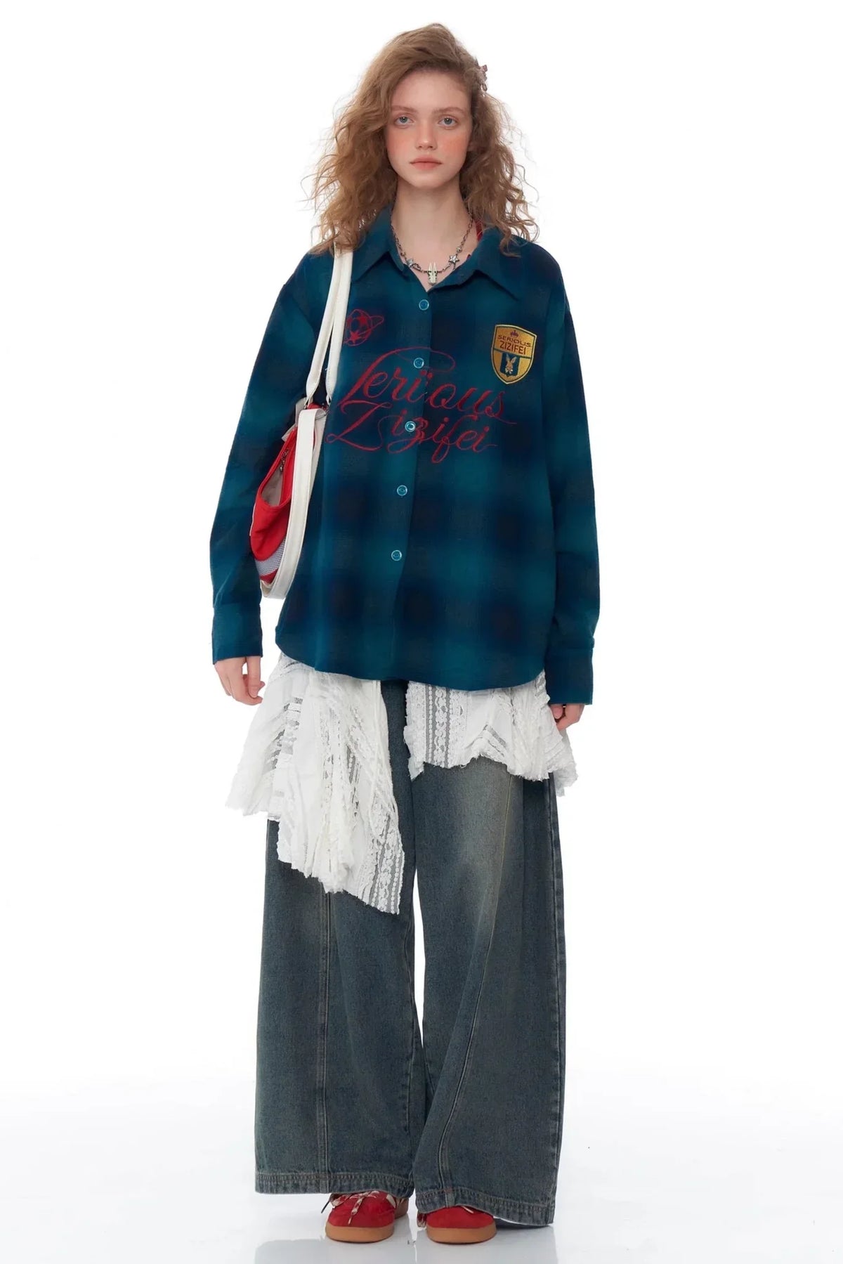 Retro Check Embroidery Long Sleeve Shirt