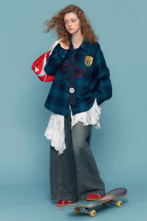 Retro Check Embroidery Long Sleeve Shirt