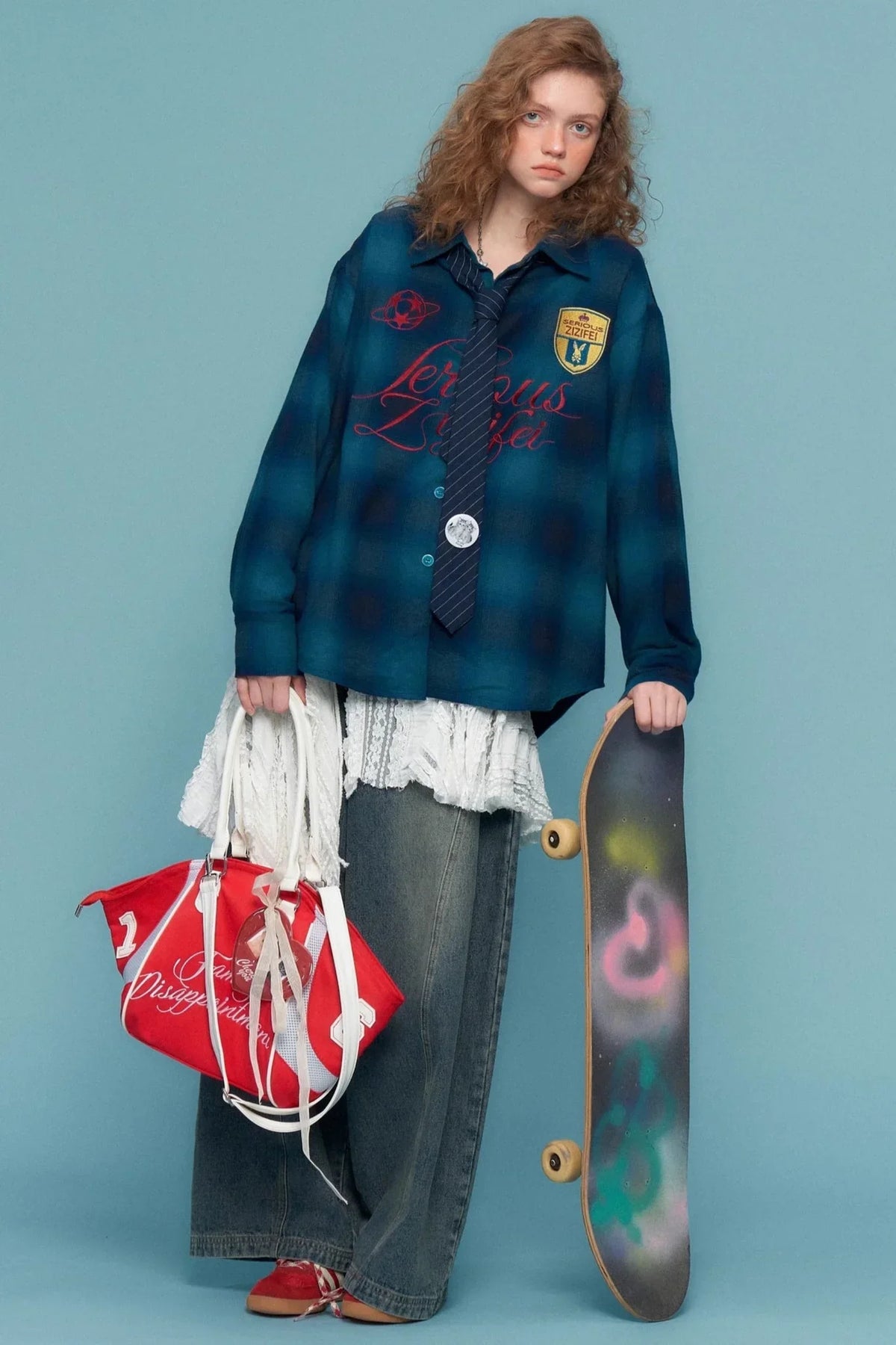 Retro Check Embroidery Long Sleeve Shirt