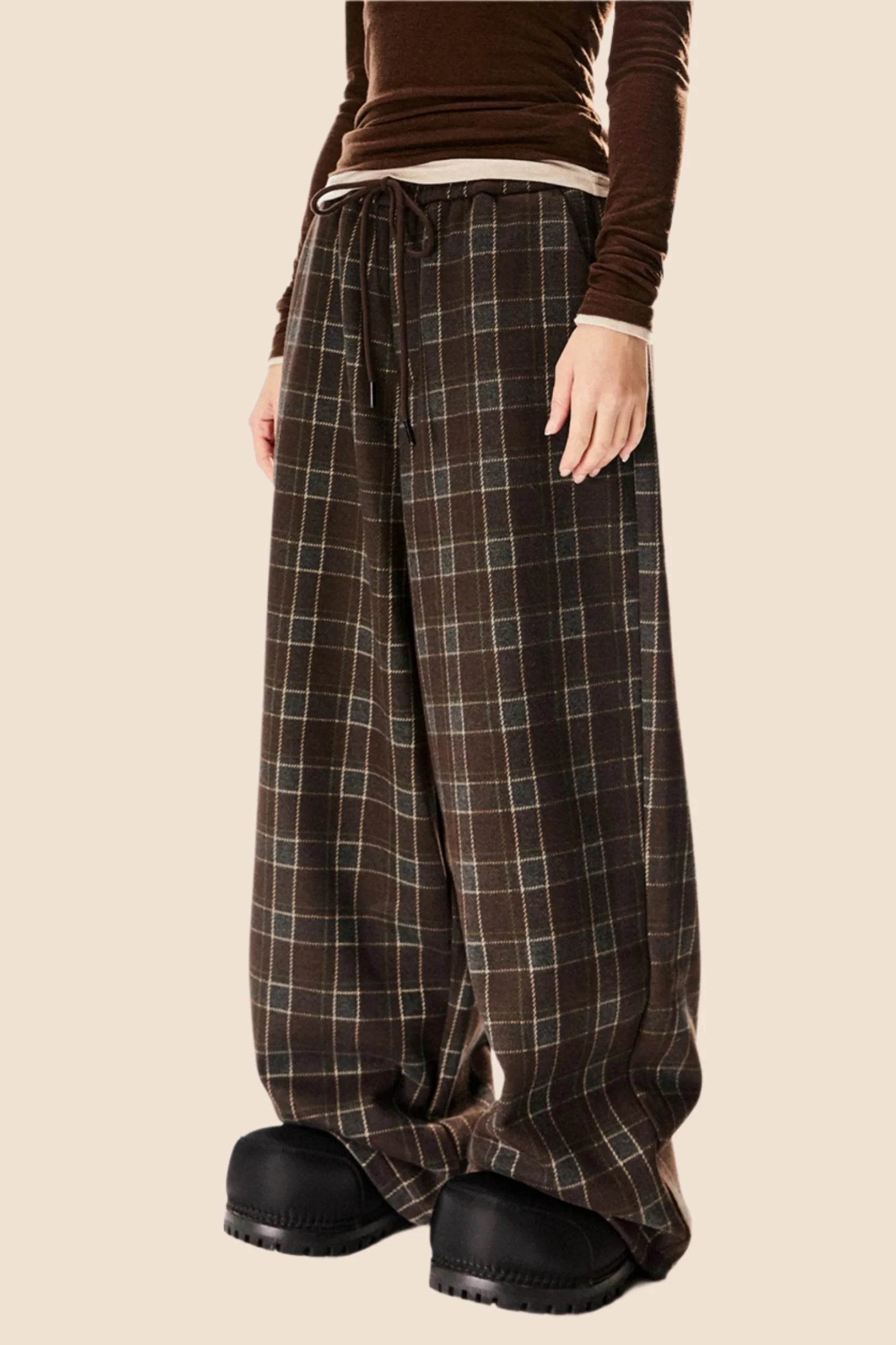 Retro Check Wide-Leg Drawstring Pants