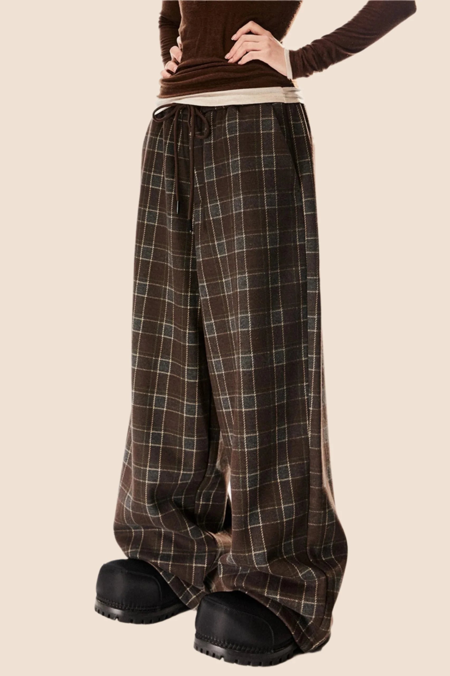 Retro Check Wide-Leg Drawstring Pants