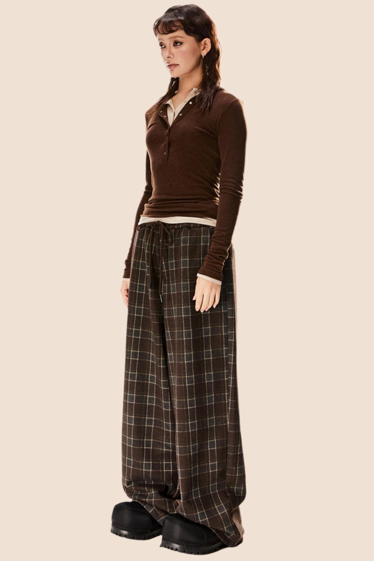 Retro Check Wide-Leg Drawstring Pants