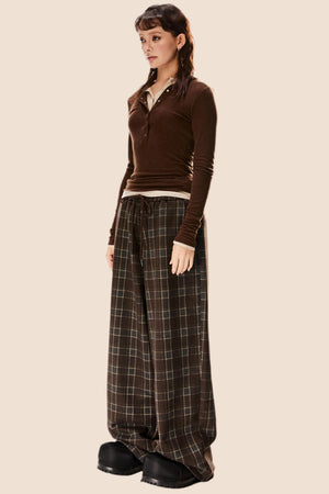 Retro Check Wide-Leg Drawstring Pants