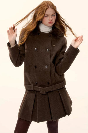 Retro Coffee Woolen Coat Set-Up
