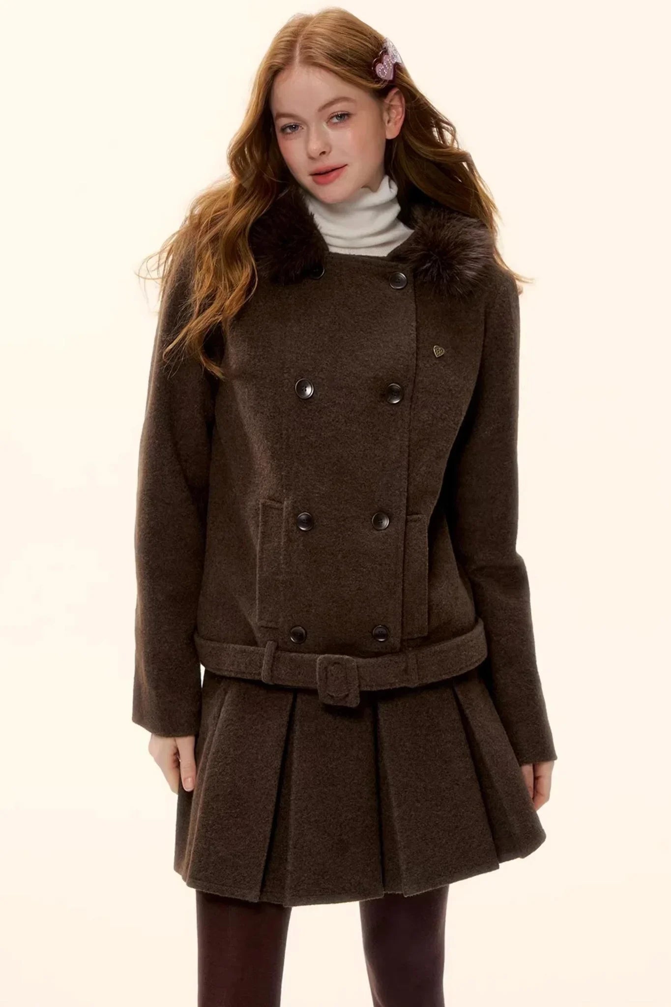Retro Coffee Woolen Coat Set-Up