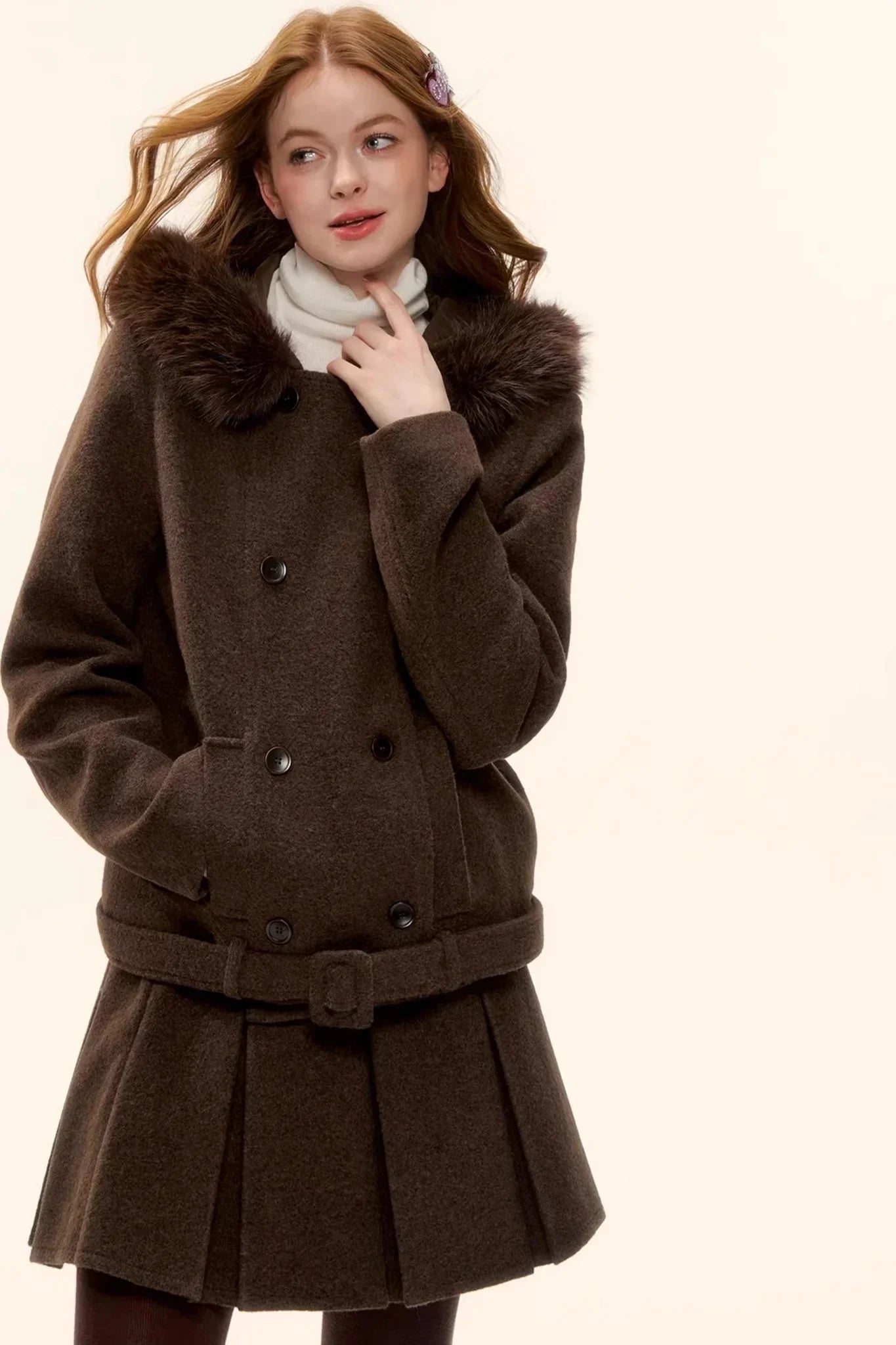 Retro Coffee Woolen Coat Set-Up