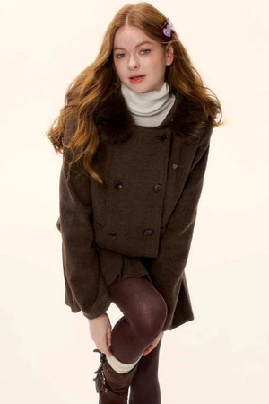 Retro Coffee Woolen Coat Set-Up