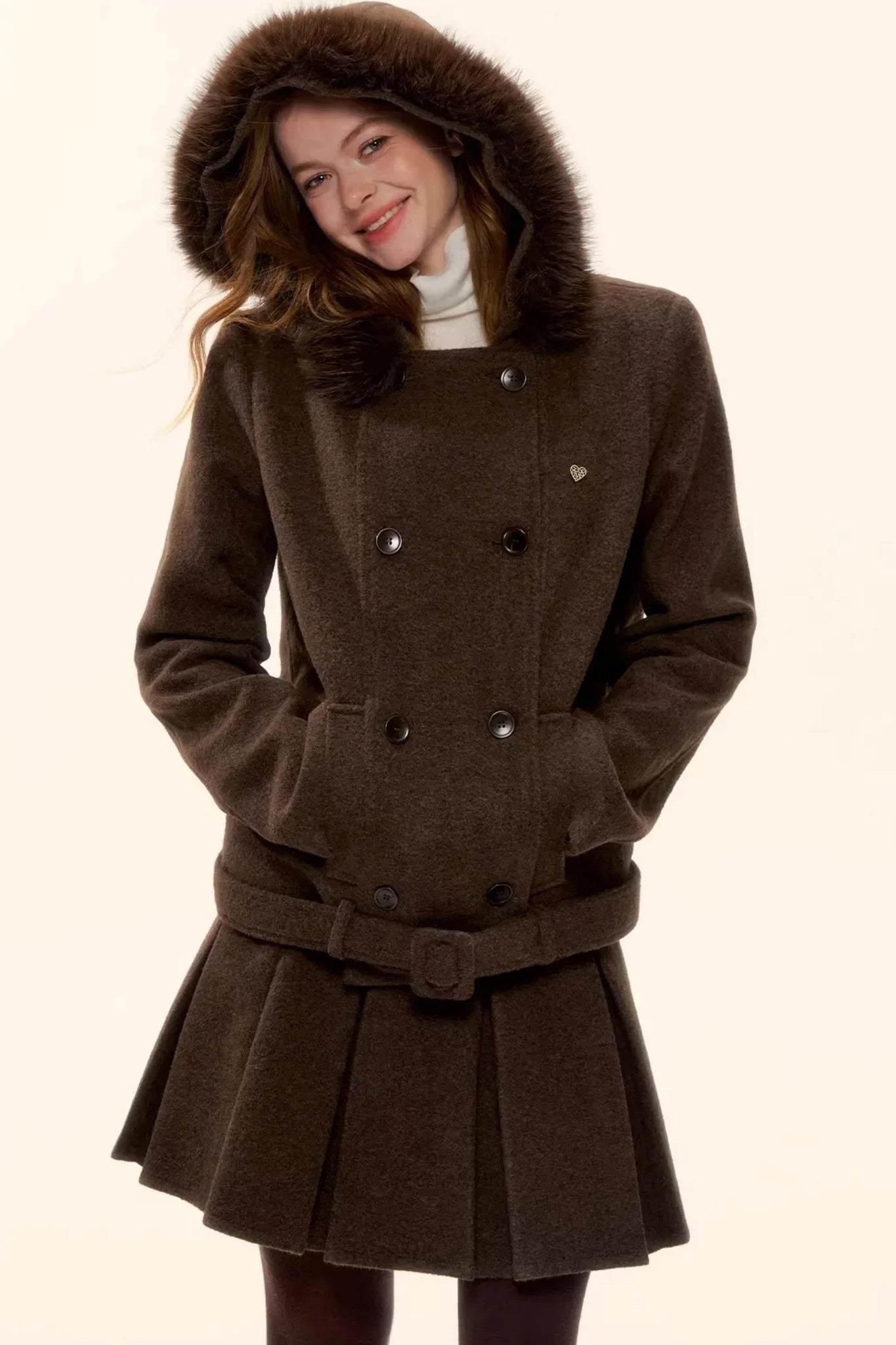 Retro Coffee Woolen Coat Set-Up