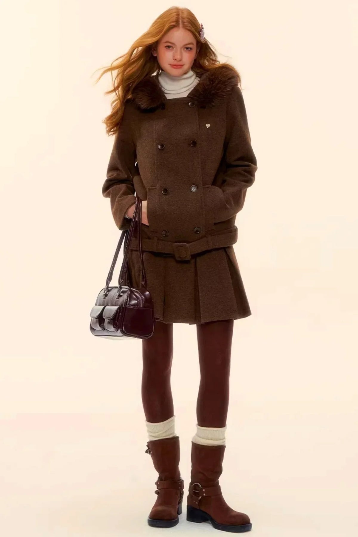 Retro Coffee Woolen Coat Skirt Set-Up