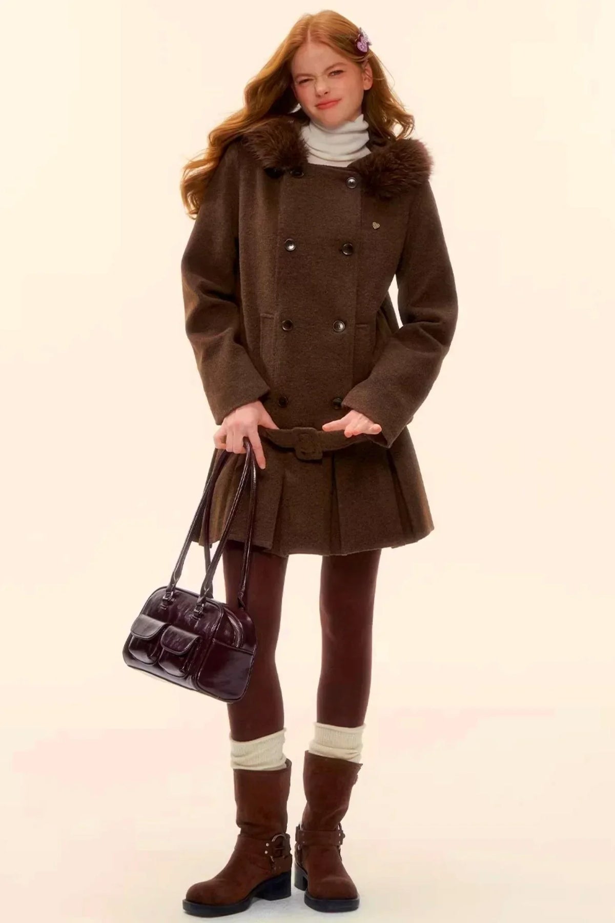 Retro Coffee Woolen Coat Skirt Set-Up
