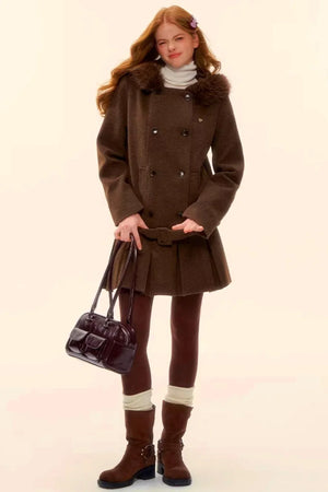 Retro Coffee Woolen Coat Skirt Set-Up