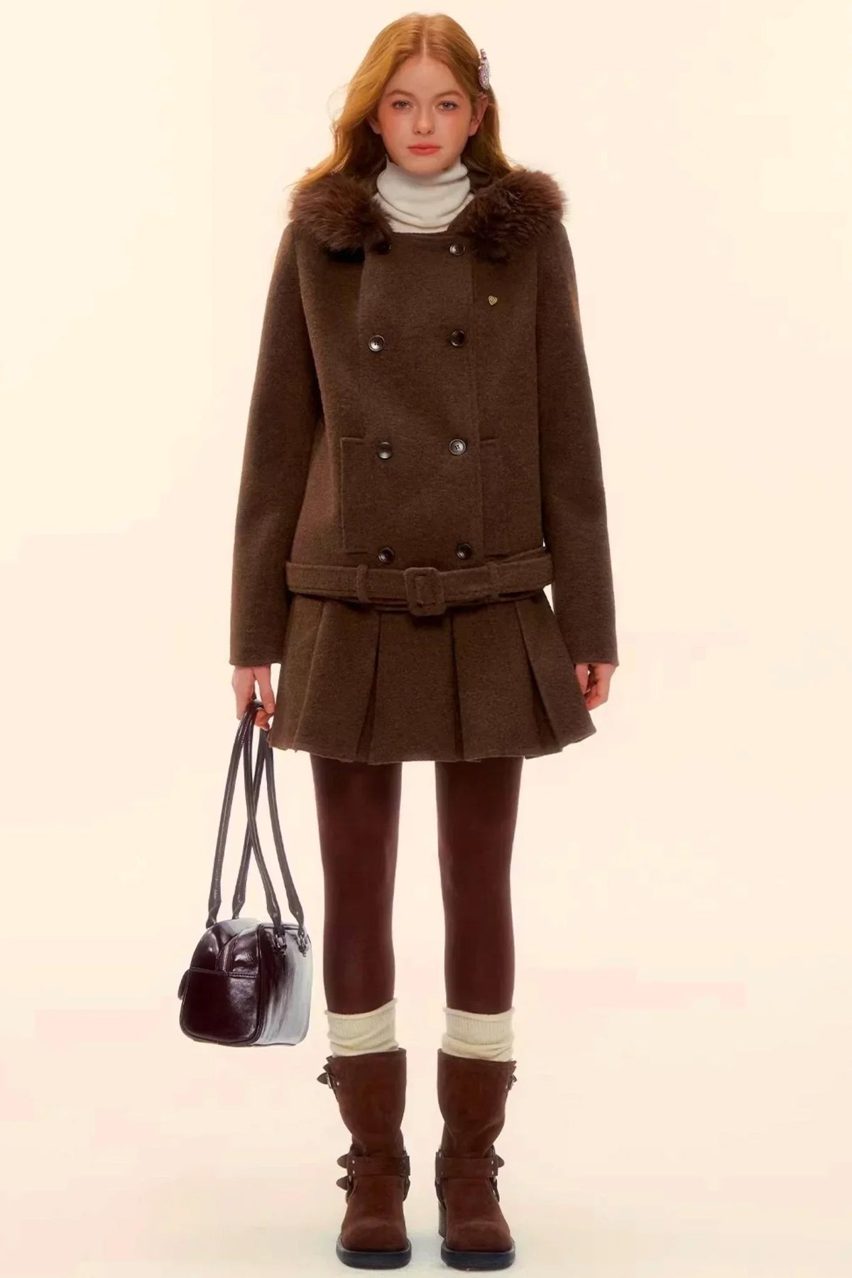 Retro Coffee Woolen Coat Skirt Set-Up