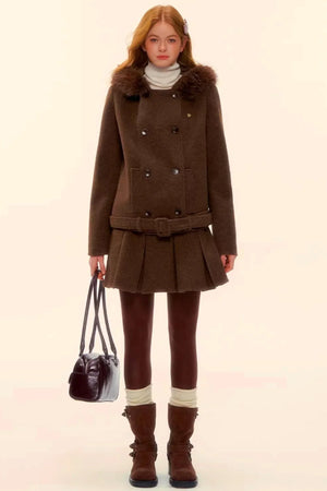 Retro Coffee Woolen Coat Skirt Set-Up