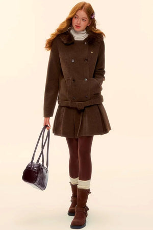 Retro Coffee Woolen Coat Skirt Set-Up