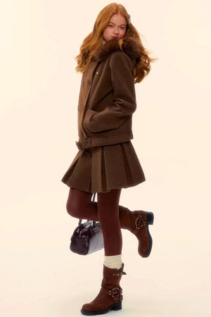 Retro Coffee Woolen Coat Skirt Set-Up