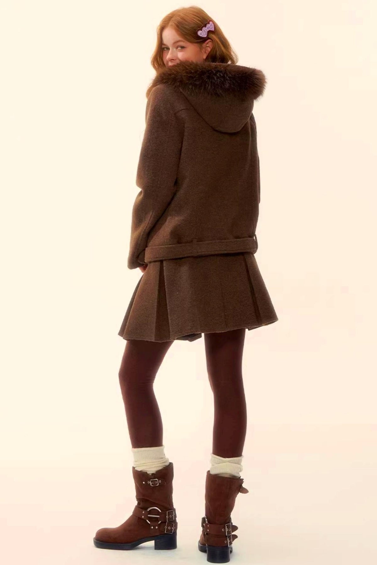 Retro Coffee Woolen Coat Skirt Set-Up