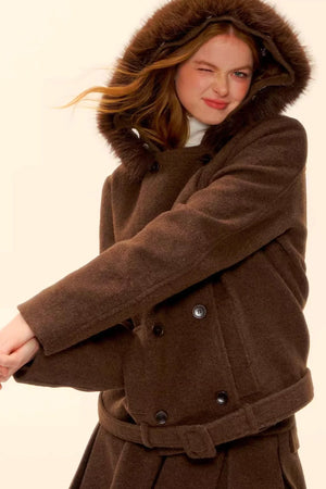 Retro Coffee Woolen Coat Skirt Set-Up