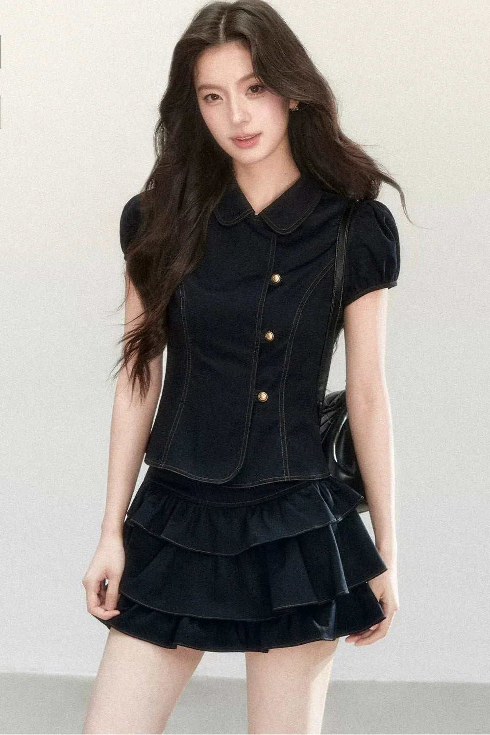 Retro Collar Blouse & Cake Skirt Set-Up