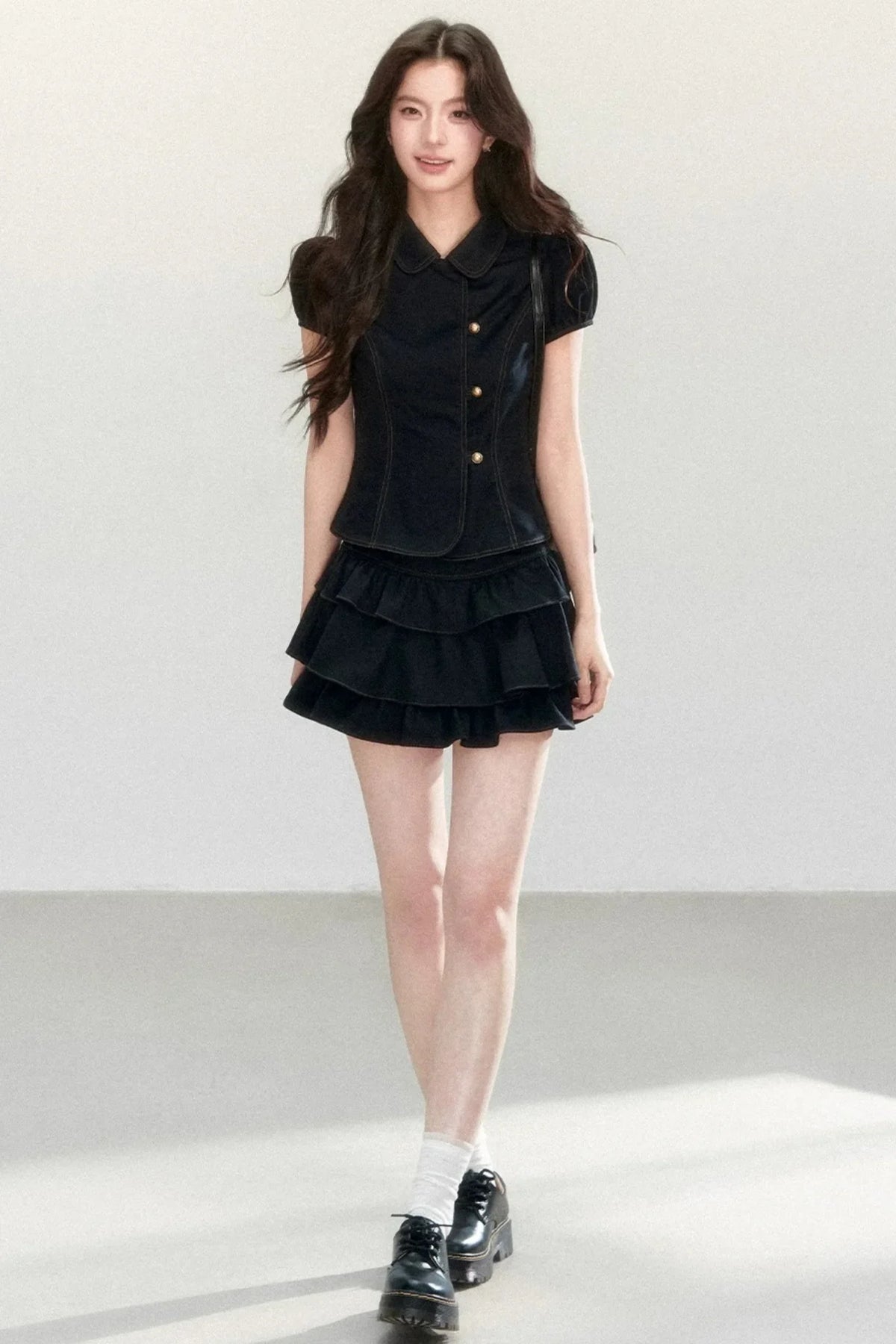Retro Collar Blouse & Cake Skirt Set-Up