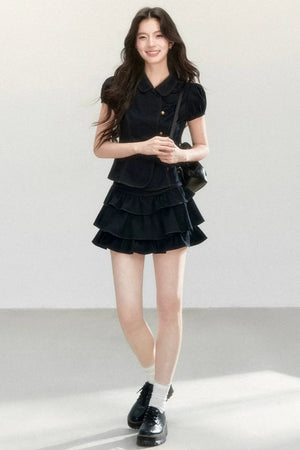 Retro Collar Blouse & Cake Skirt Set-Up