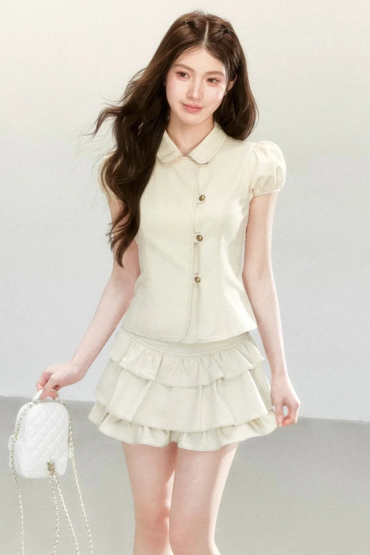Retro Collar Blouse & Cake Skirt Set-Up