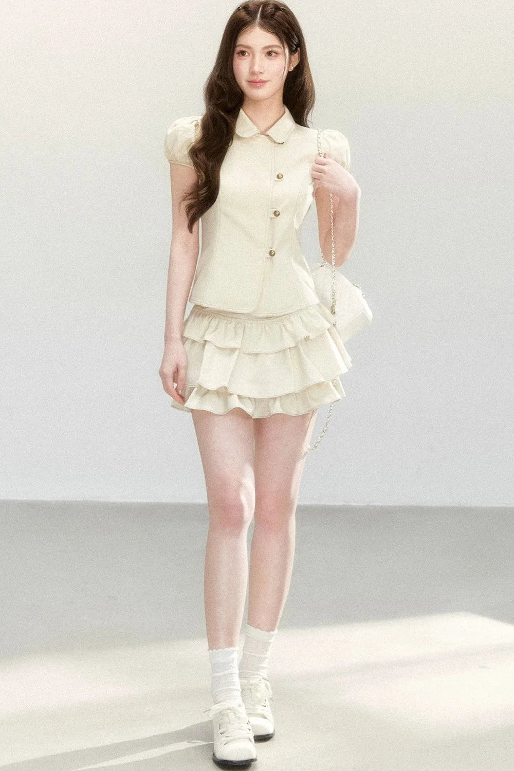 Retro Collar Blouse & Cake Skirt Set-Up