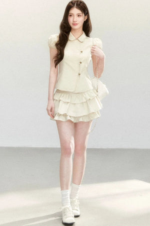 Retro Collar Blouse & Cake Skirt Set-Up