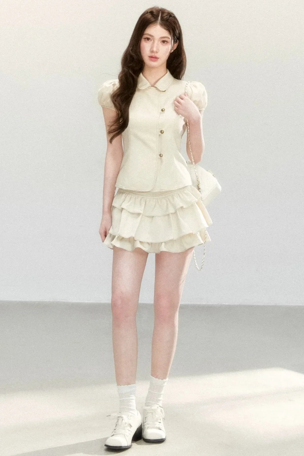 Retro Collar Blouse & Cake Skirt Set-Up