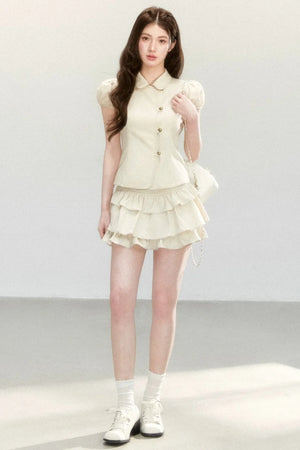 Retro Collar Blouse & Cake Skirt Set-Up
