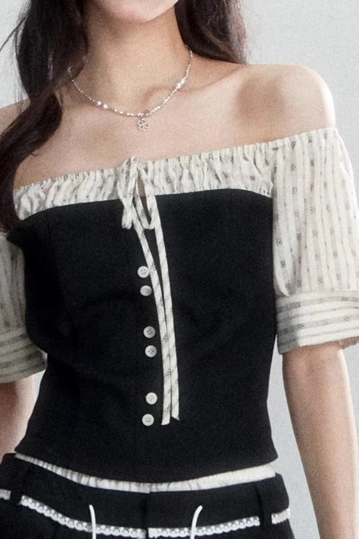 Retro Color-Block Off-Shoulder Top Set-Up