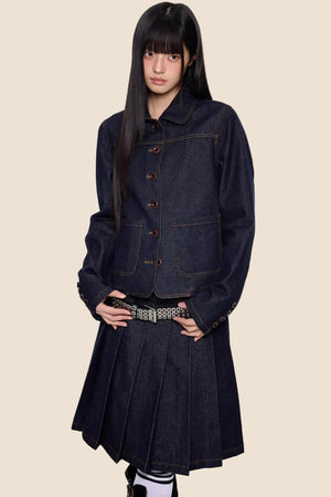 Retro Denim Pleated Skirt Suit Set-Up