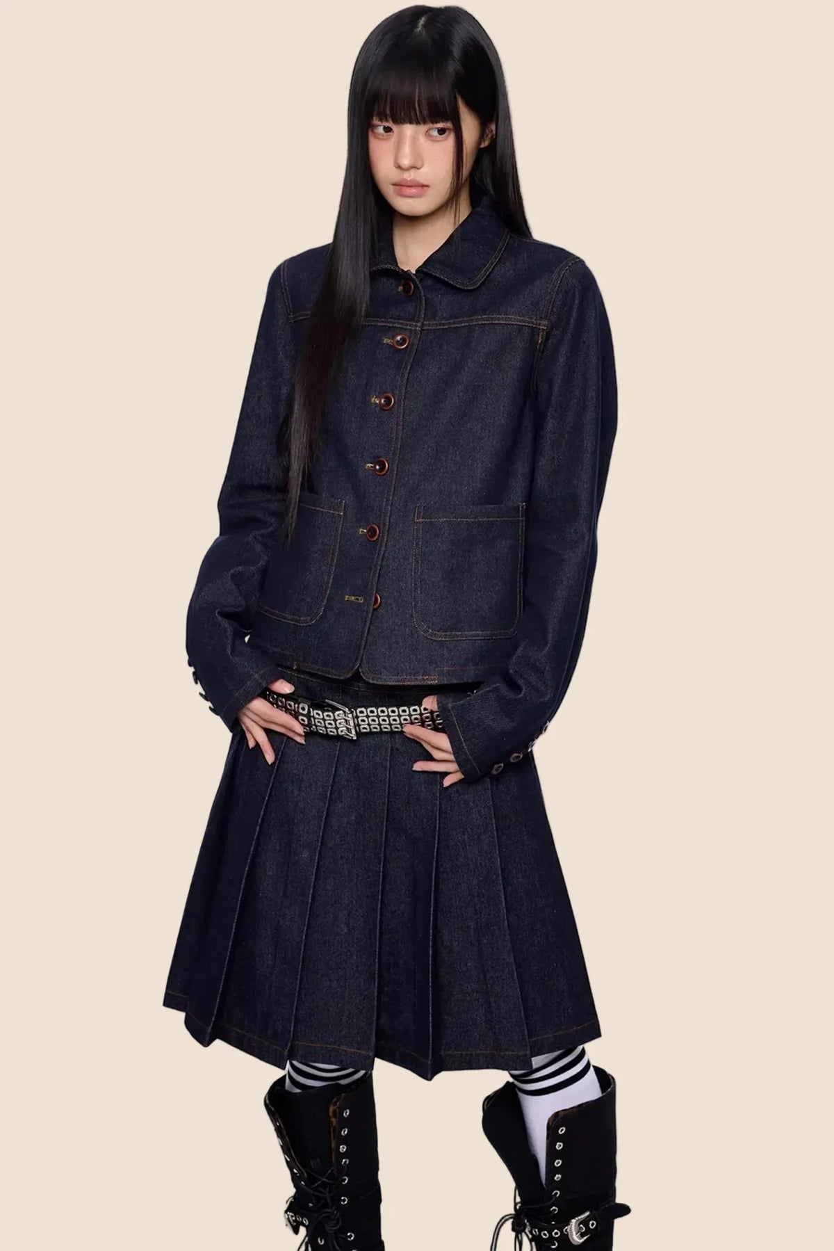 Retro Denim Pleated Skirt Suit Set-Up