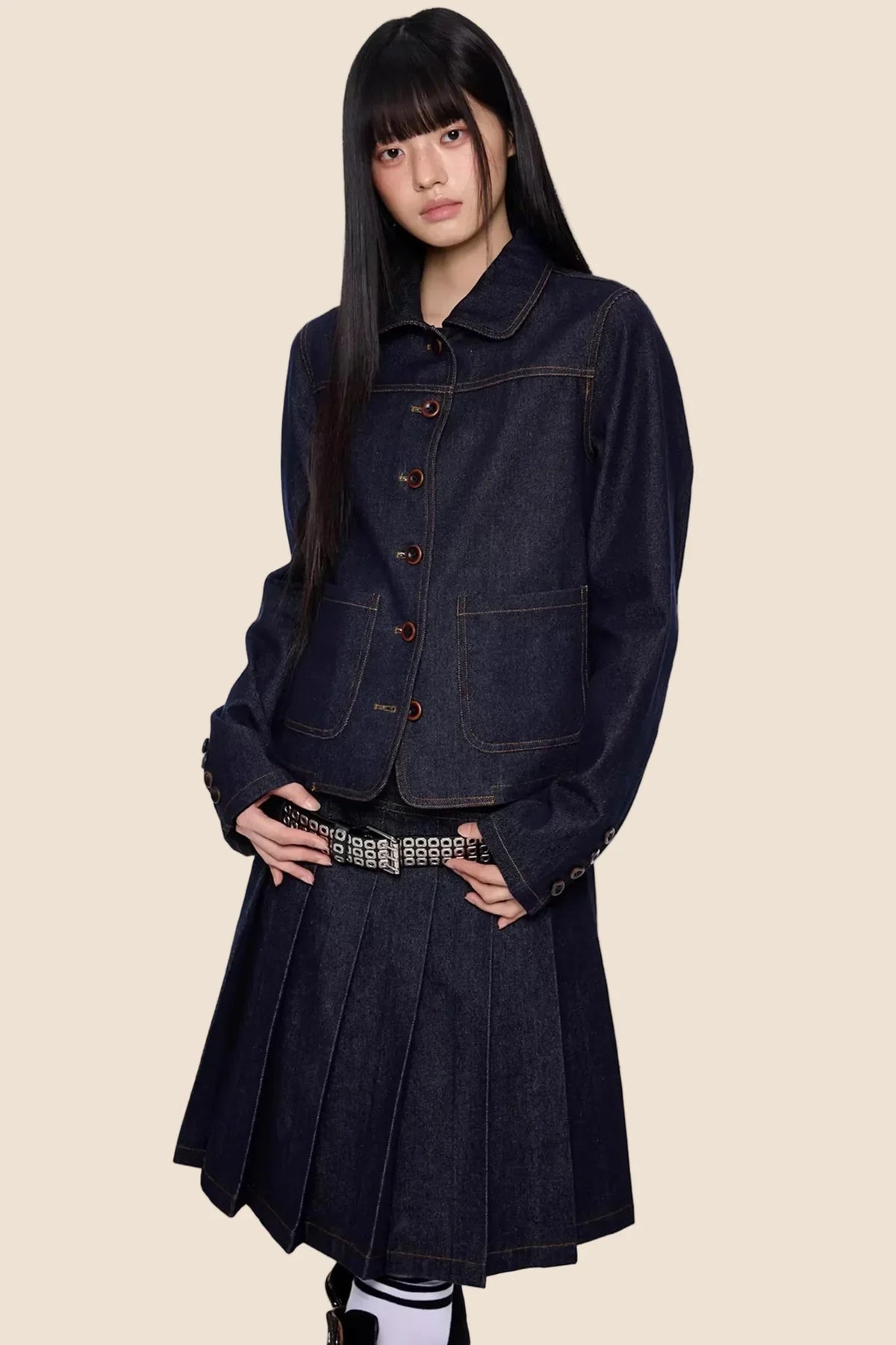 Retro Denim Pleated Skirt Suit Set-Up