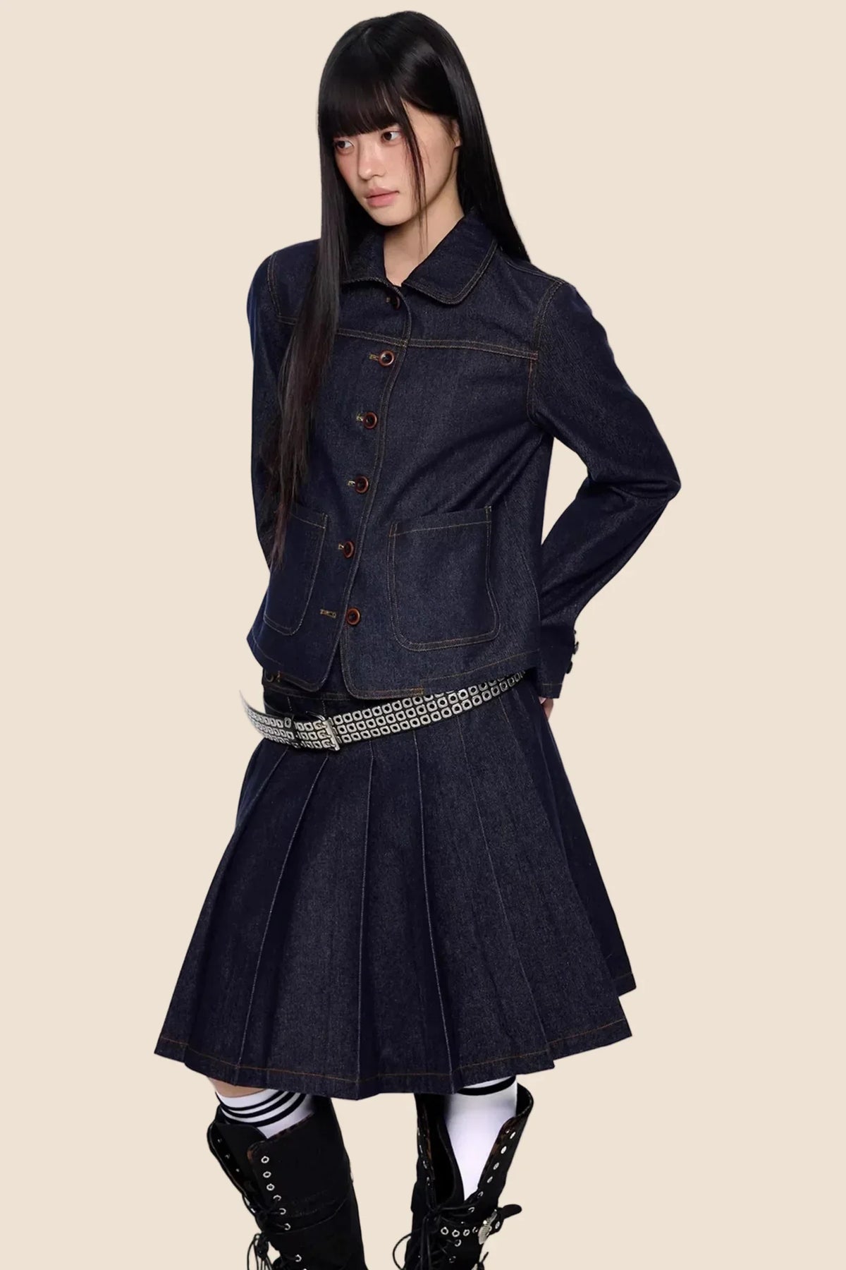 Retro Denim Pleated Skirt Suit Set-Up