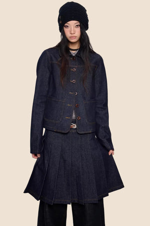 Retro Denim Pleated Skirt Suit Set-Up