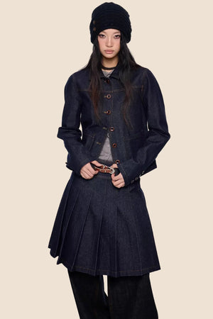 Retro Denim Pleated Skirt Suit Set-Up