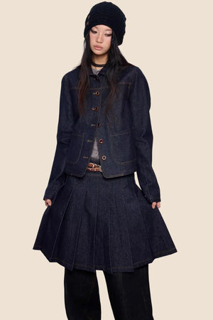 Retro Denim Pleated Skirt Suit Set-Up