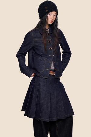 Retro Denim Pleated Skirt Suit Set-Up