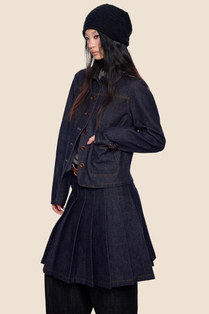 Retro Denim Pleated Skirt Suit Set-Up