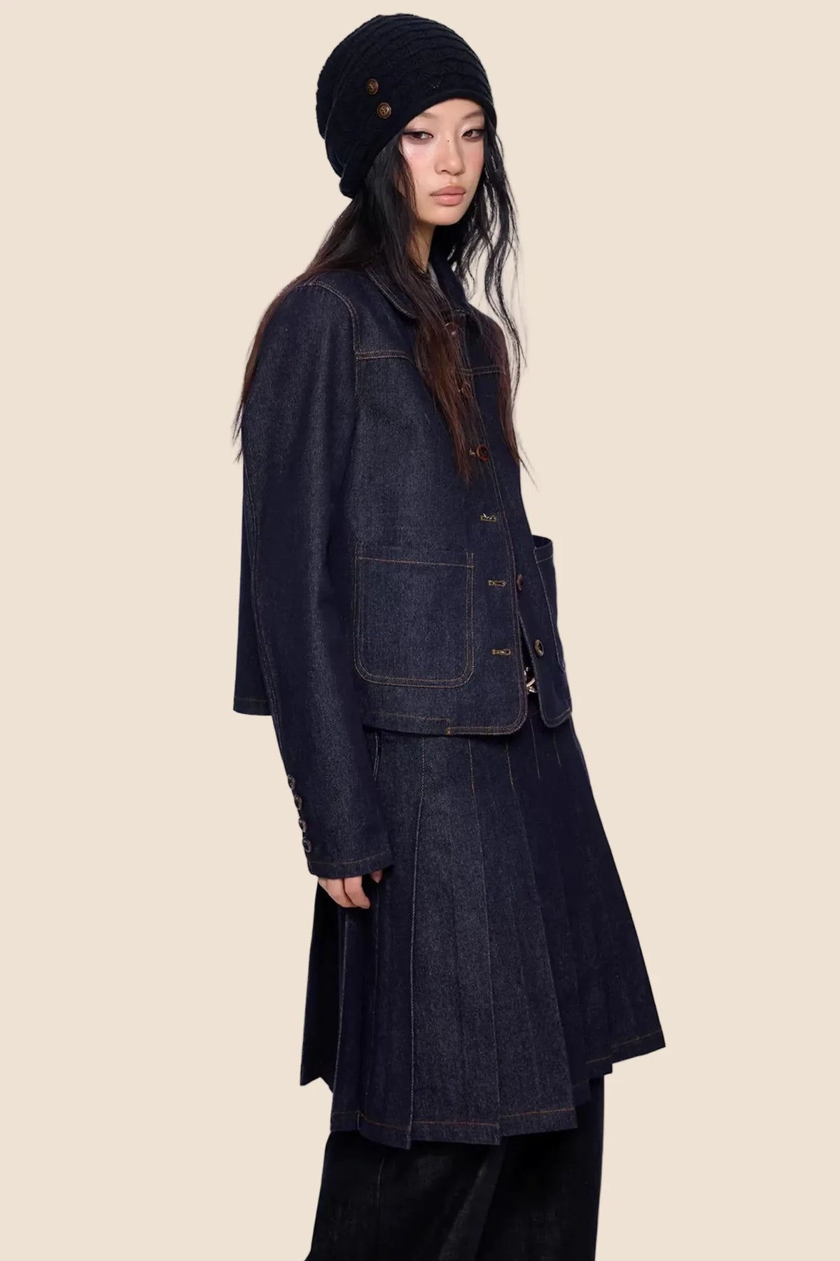 Retro Denim Pleated Skirt Suit Set-Up