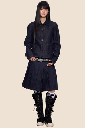 Retro Denim Pleated Skirt Suit Set-Up