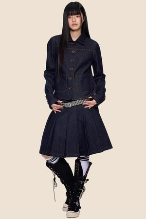 Retro Denim Pleated Skirt Suit Set-Up
