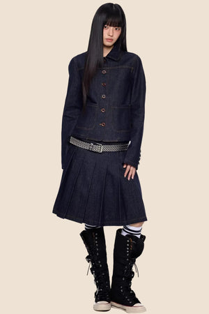 Retro Denim Pleated Skirt Suit Set-Up