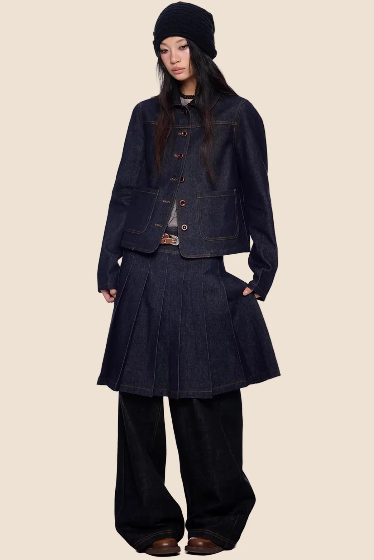Retro Denim Pleated Skirt Suit Set-Up