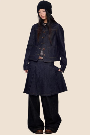 Retro Denim Pleated Skirt Suit Set-Up