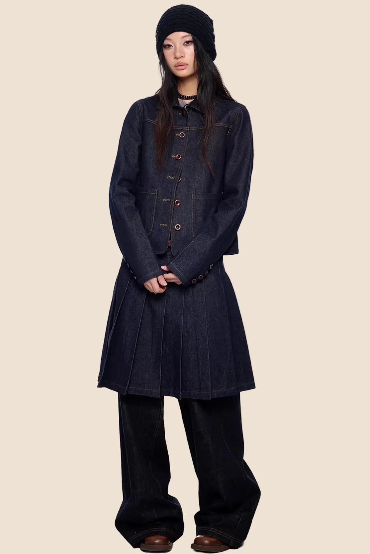 Retro Denim Pleated Skirt Suit Set-Up