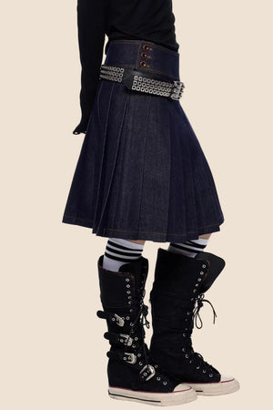 Retro Denim Pleated Skirt Suit Set-Up